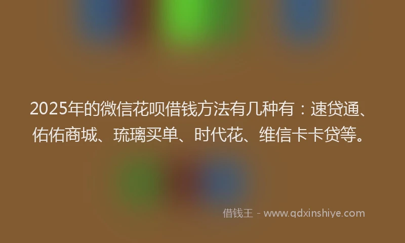2025年的微信花呗借钱方法有几种有：速贷通、佑佑商城、琉璃买单、时代花、维信卡卡贷等。