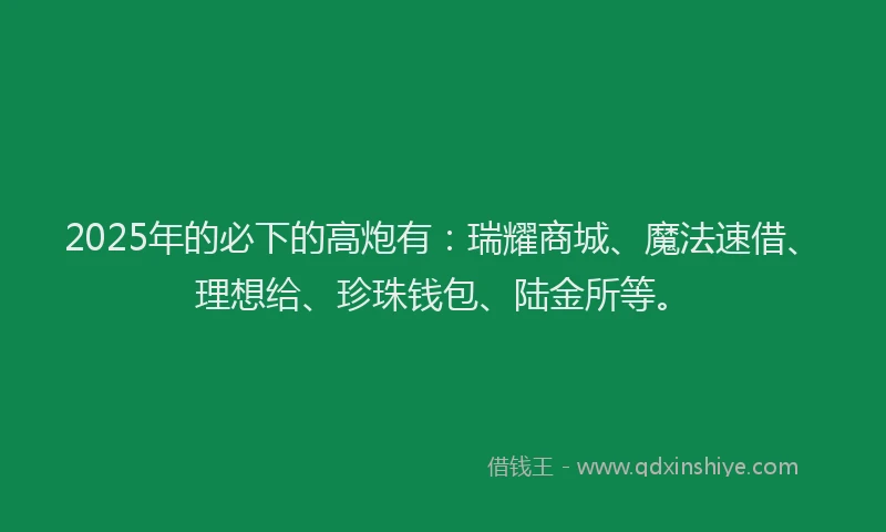 2025年的必下的高炮有：瑞耀商城、魔法速借、理想给、珍珠钱包、陆金所等。