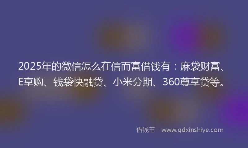 2025年的微信怎么在信而富借钱有：麻袋财富、E享购、钱袋快融贷、小米分期、360尊享贷等。
