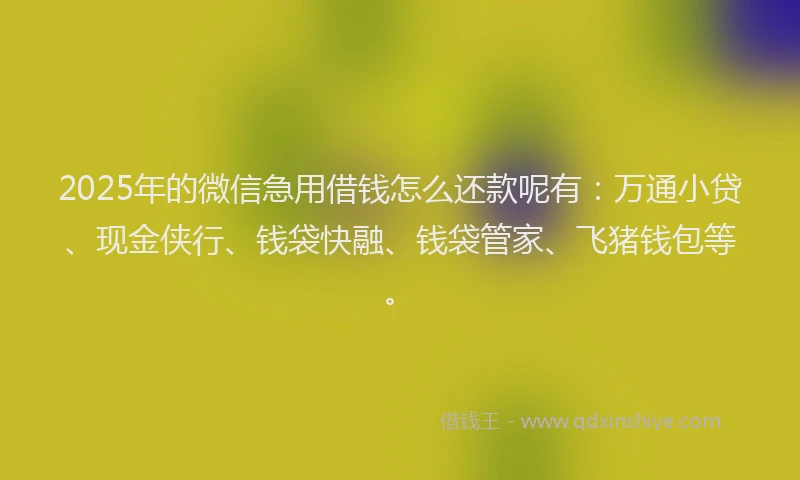 2025年的微信急用借钱怎么还款呢有：万通小贷、现金侠行、钱袋快融、钱袋管家、飞猪钱包等。