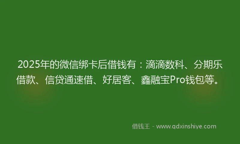2025年的微信绑卡后借钱有：滴滴数科、分期乐借款、信贷通速借、好居客、鑫融宝Pro钱包等。