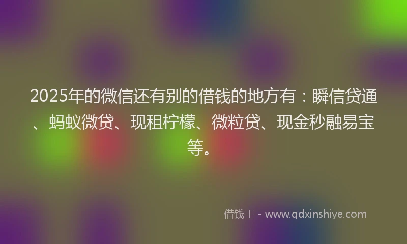 2025年的微信还有别的借钱的地方有：瞬信贷通、蚂蚁微贷、现租柠檬、微粒贷、现金秒融易宝等。