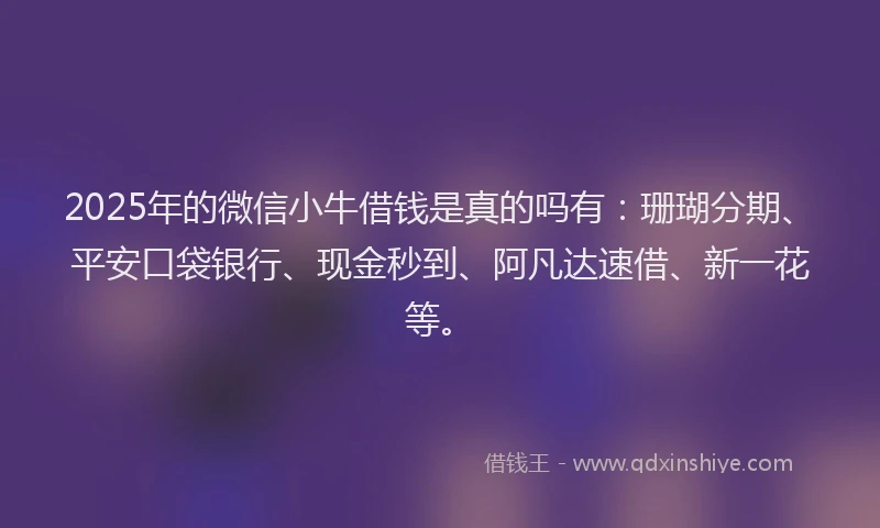 2025年的微信小牛借钱是真的吗有：珊瑚分期、平安口袋银行、现金秒到、阿凡达速借、新一花等。