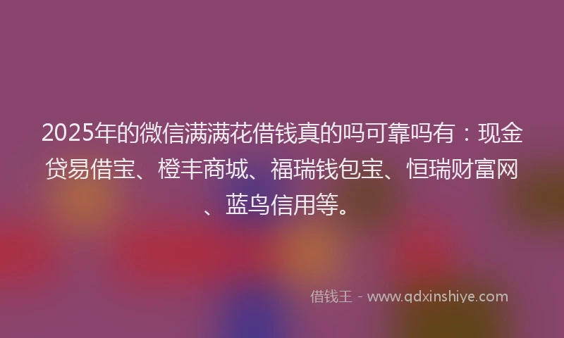 2025年的微信满满花借钱真的吗可靠吗有：现金贷易借宝、橙丰商城、福瑞钱包宝、恒瑞财富网、蓝鸟信用等。