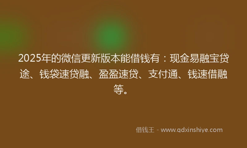 2025年的微信更新版本能借钱有：现金易融宝贷途、钱袋速贷融、盈盈速贷、支付通、钱速借融等。
