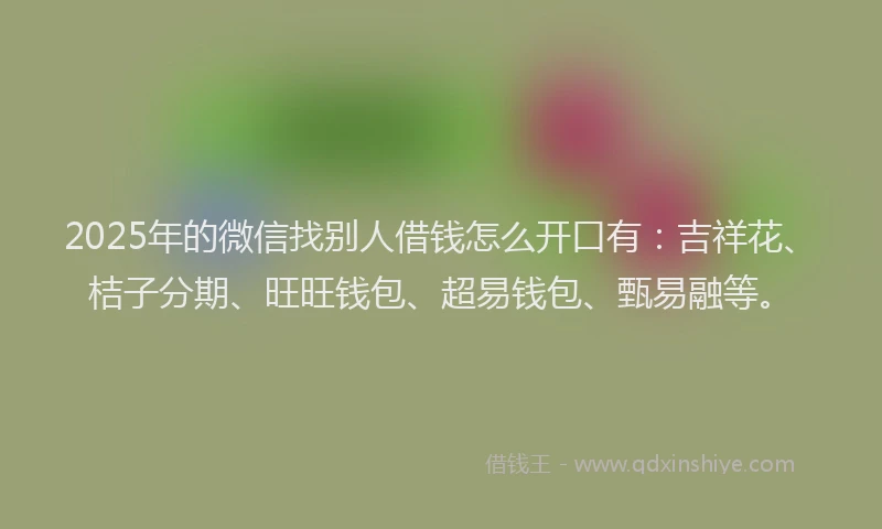 2025年的微信找别人借钱怎么开口有：吉祥花、桔子分期、旺旺钱包、超易钱包、甄易融等。