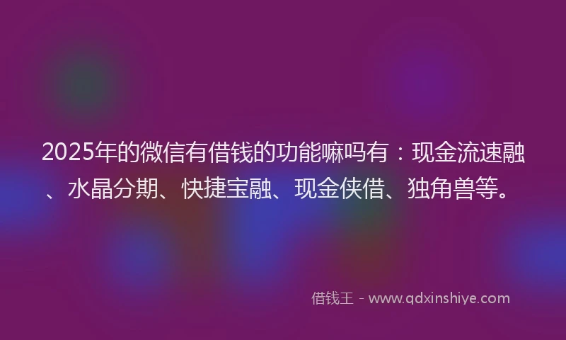 2025年的微信有借钱的功能嘛吗有：现金流速融、水晶分期、快捷宝融、现金侠借、独角兽等。