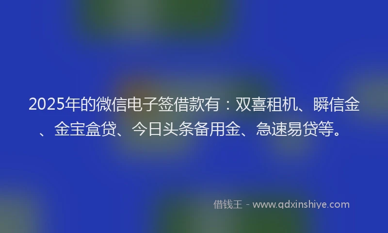 2025年的微信电子签借款有：双喜租机、瞬信金、金宝盒贷、今日头条备用金、急速易贷等。