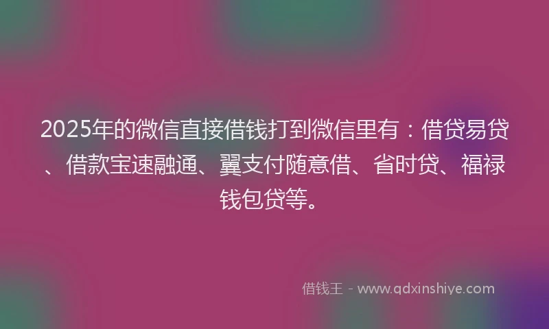 2025年的微信直接借钱打到微信里有：借贷易贷、借款宝速融通、翼支付随意借、省时贷、福禄钱包贷等。