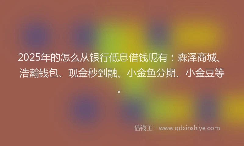 2025年的怎么从银行低息借钱呢有：森泽商城、浩瀚钱包、现金秒到融、小金鱼分期、小金豆等。