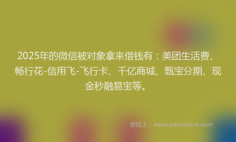 2025年的微信被对象拿来借钱有：美团生活费、畅行花-信用飞-飞行卡、千亿商城、甄宝分期、现金秒融易宝等。
