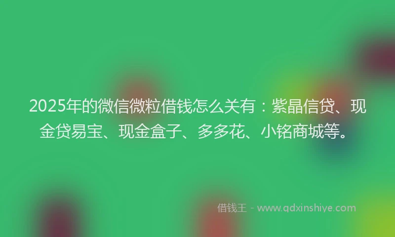 2025年的微信微粒借钱怎么关有：紫晶信贷、现金贷易宝、现金盒子、多多花、小铭商城等。