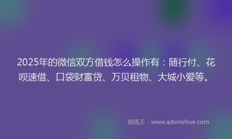 2025年的微信双方借钱怎么操作有：随行付、花呗速借、口袋财富贷、万贝租物、大城小爱等。
