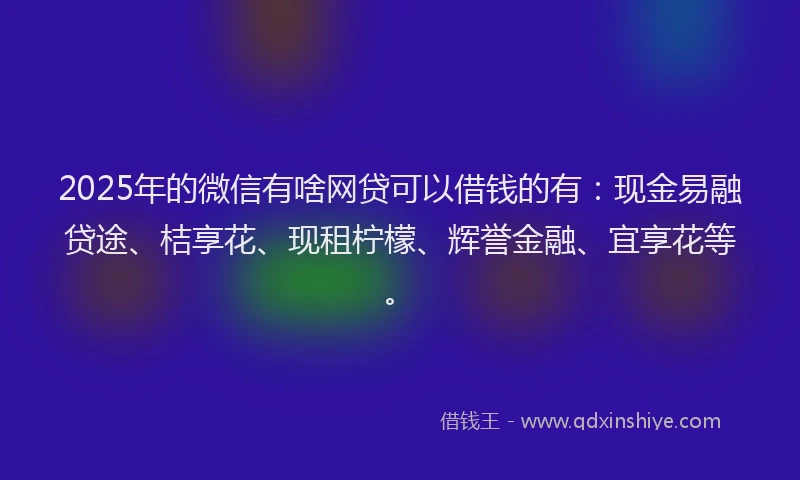 2025年的微信有啥网贷可以借钱的有：现金易融贷途、桔享花、现租柠檬、辉誉金融、宜享花等。