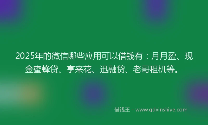 2025年的微信哪些应用可以借钱有：月月盈、现金蜜蜂贷、享来花、迅融贷、老哥租机等。
