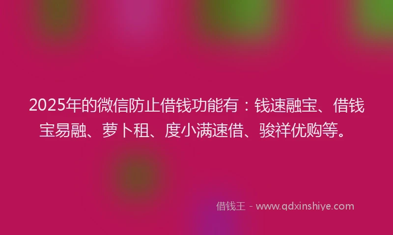 2025年的微信防止借钱功能有：钱速融宝、借钱宝易融、萝卜租、度小满速借、骏祥优购等。