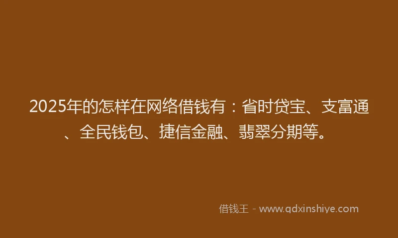 2025年的怎样在网络借钱有：省时贷宝、支富通、全民钱包、捷信金融、翡翠分期等。
