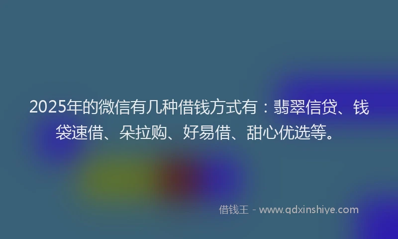 2025年的微信有几种借钱方式有：翡翠信贷、钱袋速借、朵拉购、好易借、甜心优选等。