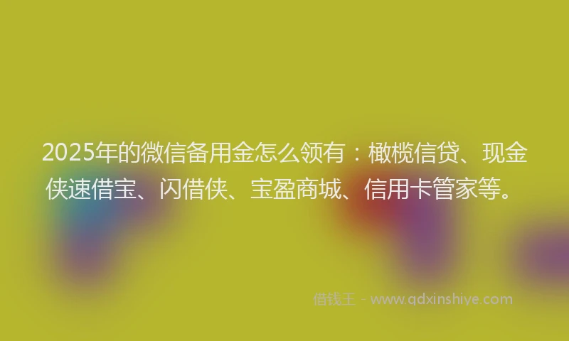 2025年的微信备用金怎么领有：橄榄信贷、现金侠速借宝、闪借侠、宝盈商城、信用卡管家等。