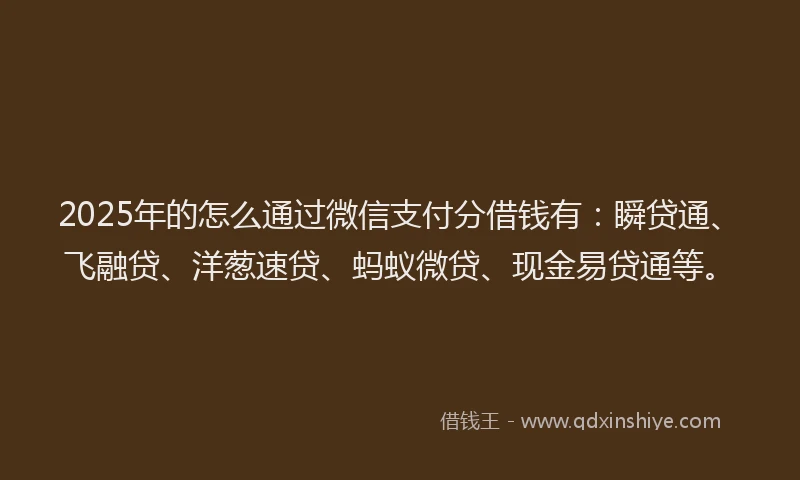 2025年的怎么通过微信支付分借钱有：瞬贷通、飞融贷、洋葱速贷、蚂蚁微贷、现金易贷通等。