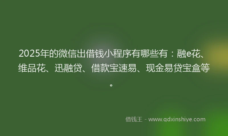 2025年的微信出借钱小程序有哪些有：融e花、维品花、迅融贷、借款宝速易、现金易贷宝盒等。