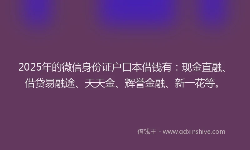 2025年的微信身份证户口本借钱有：现金直融、借贷易融途、天天金、辉誉金融、新一花等。