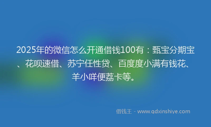 2025年的微信怎么开通借钱100有：甄宝分期宝、花呗速借、苏宁任性贷、百度度小满有钱花、羊小咩便荔卡等。