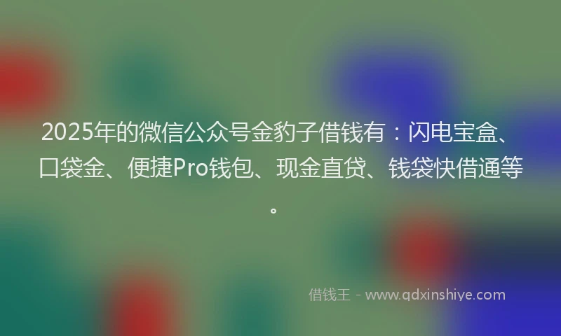 2025年的微信公众号金豹子借钱有：闪电宝盒、口袋金、便捷Pro钱包、现金直贷、钱袋快借通等。