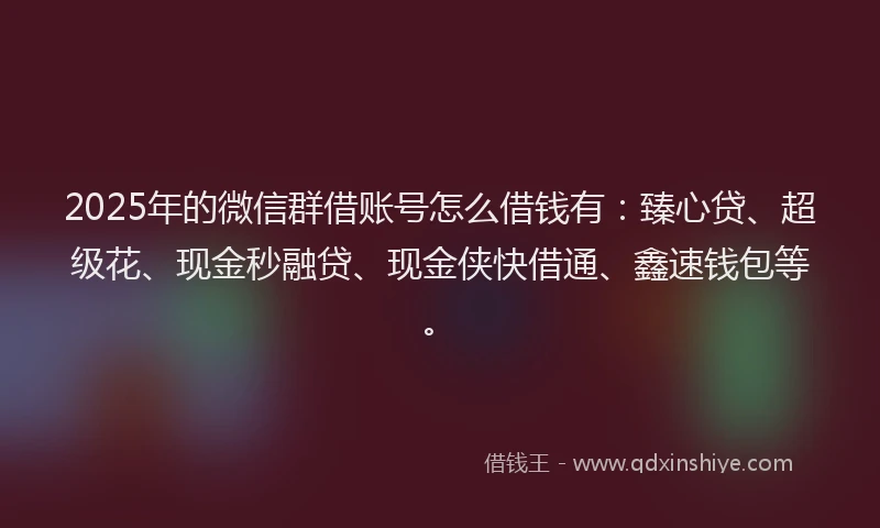 2025年的微信群借账号怎么借钱有：臻心贷、超级花、现金秒融贷、现金侠快借通、鑫速钱包等。