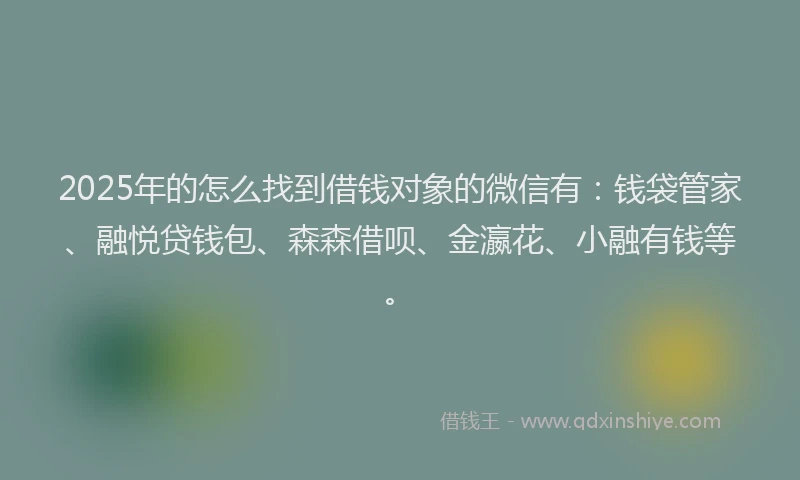 2025年的怎么找到借钱对象的微信有：钱袋管家、融悦贷钱包、森森借呗、金瀛花、小融有钱等。