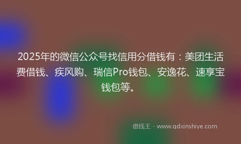 2025年的微信公众号找信用分借钱有:美团生活费借钱、疾风购、瑞信Pro钱包、安逸花、速享宝钱包等。