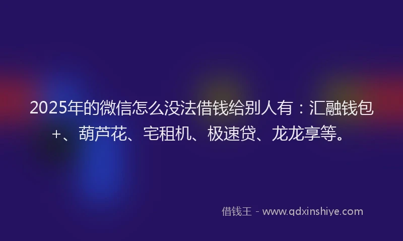 2025年的微信怎么没法借钱给别人有：汇融钱包+、葫芦花、宅租机、极速贷、龙龙享等。