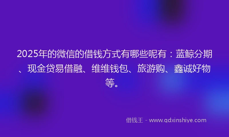2025年的微信的借钱方式有哪些呢有：蓝鲸分期、现金贷易借融、维维钱包、旅游购、鑫诚好物等。