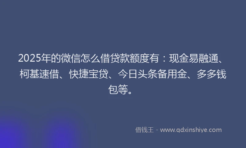 2025年的微信怎么借贷款额度有：现金易融通、柯基速借、快捷宝贷、今日头条备用金、多多钱包等。