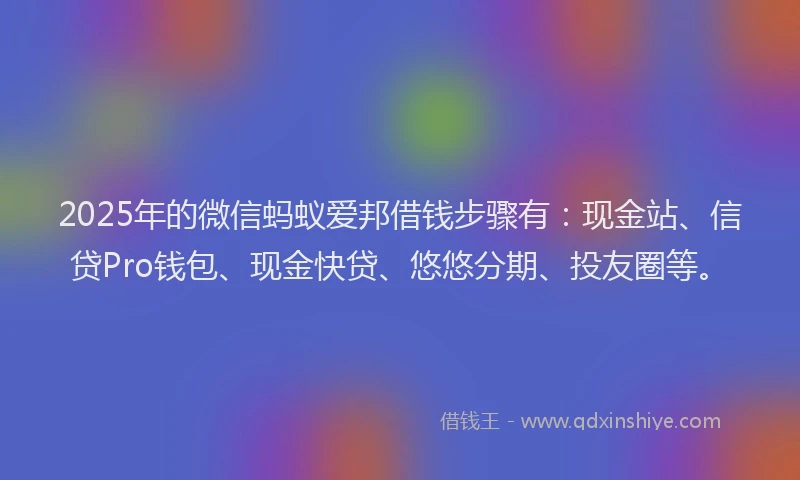 2025年的微信蚂蚁爱邦借钱步骤有：现金站、信贷Pro钱包、现金快贷、悠悠分期、投友圈等。
