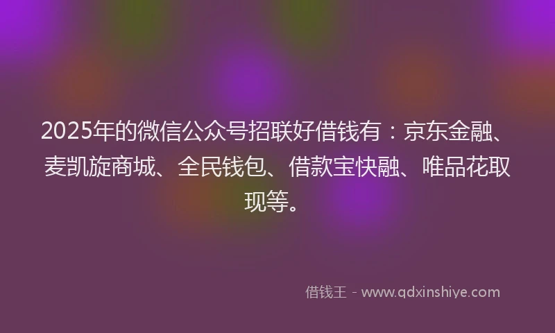 2025年的微信公众号招联好借钱有：京东金融、麦凯旋商城、全民钱包、借款宝快融、唯品花取现等。
