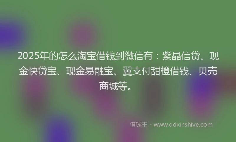 2025年的怎么淘宝借钱到微信有：紫晶信贷、现金快贷宝、现金易融宝、翼支付甜橙借钱、贝壳商城等。