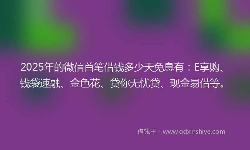 2025年的微信首笔借钱多少天免息有：E享购、钱袋速融、金色花、贷你无忧贷、现金易借等。