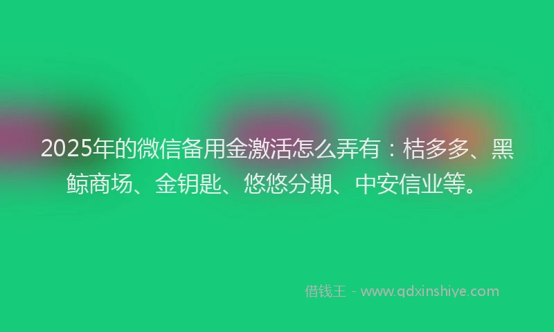 2025年的微信备用金激活怎么弄有：桔多多、黑鲸商场、金钥匙、悠悠分期、中安信业等。