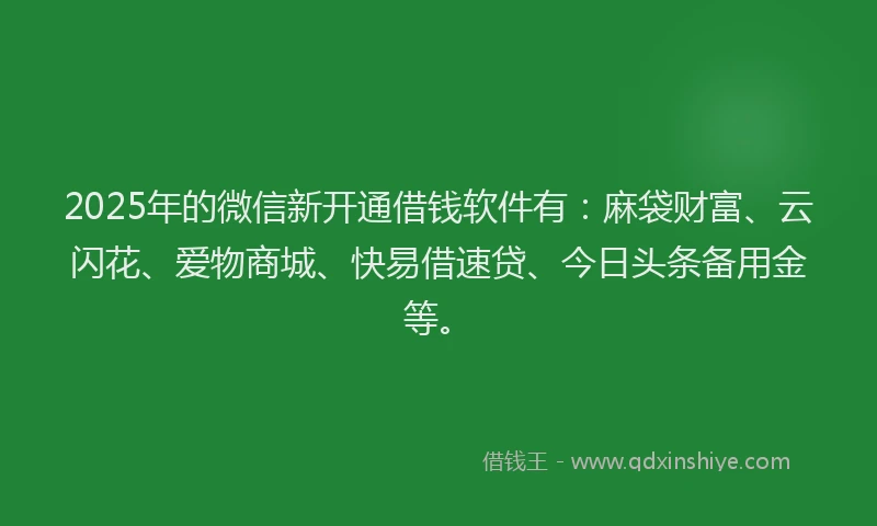 2025年的微信新开通借钱软件有：麻袋财富、云闪花、爱物商城、快易借速贷、今日头条备用金等。