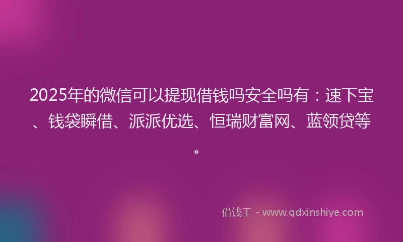 2025年的微信可以提现借钱吗安全吗有：速下宝、钱袋瞬借、派派优选、恒瑞财富网、蓝领贷等。