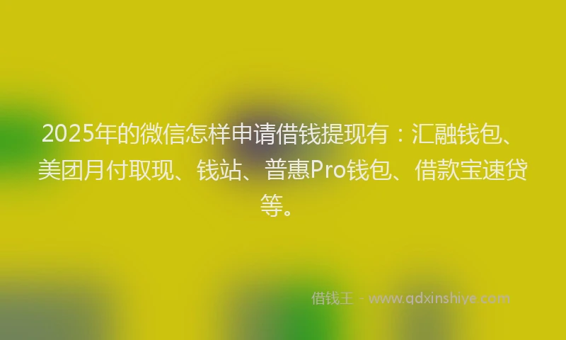 2025年的微信怎样申请借钱提现有：汇融钱包、美团月付取现、钱站、普惠Pro钱包、借款宝速贷等。