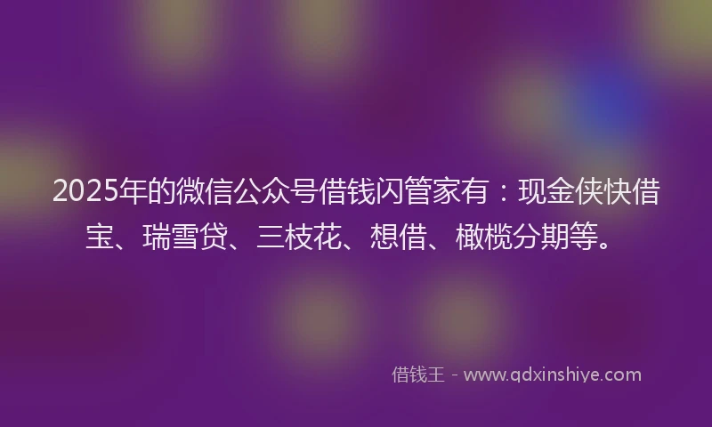 2025年的微信公众号借钱闪管家有：现金侠快借宝、瑞雪贷、三枝花、想借、橄榄分期等。