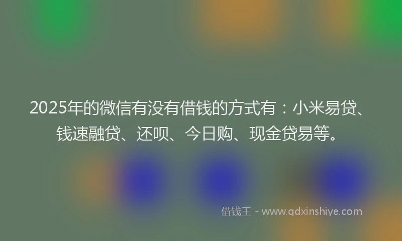 2025年的微信有没有借钱的方式有：小米易贷、钱速融贷、还呗、今日购、现金贷易等。