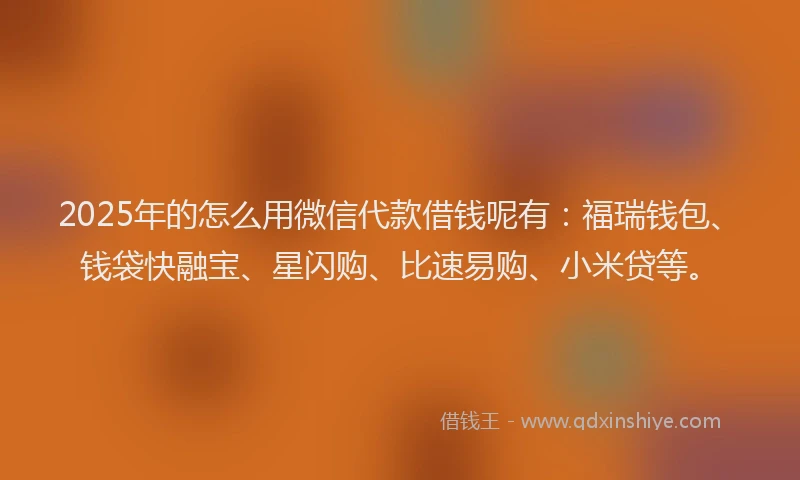 2025年的怎么用微信代款借钱呢有：福瑞钱包、钱袋快融宝、星闪购、比速易购、小米贷等。