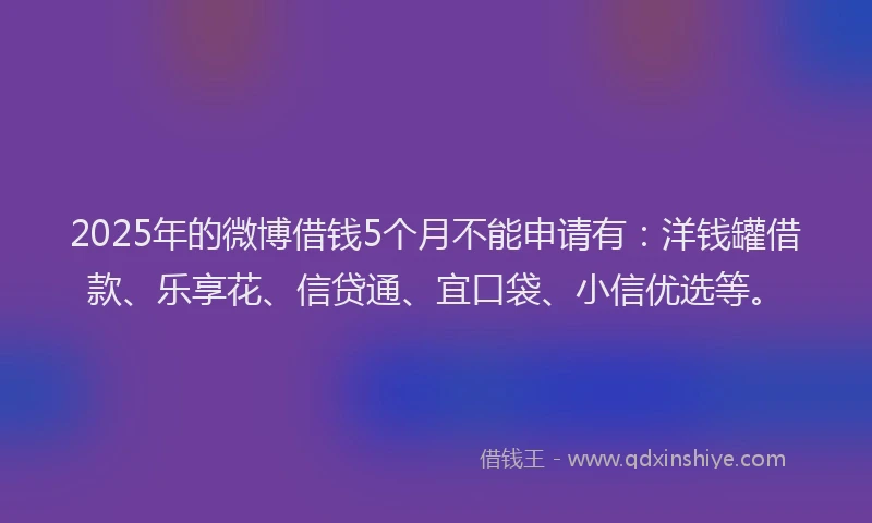 2025年的微博借钱5个月不能申请有：洋钱罐借款、乐享花、信贷通、宜口袋、小信优选等。
