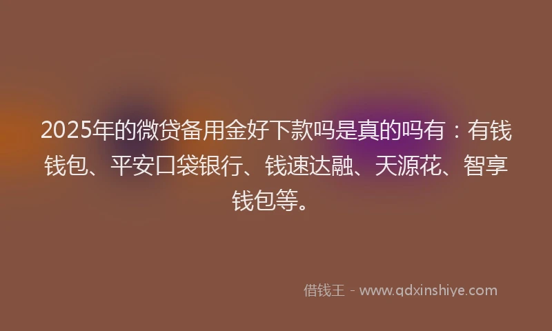 2025年的微贷备用金好下款吗是真的吗有：有钱钱包、平安口袋银行、钱速达融、天源花、智享钱包等。