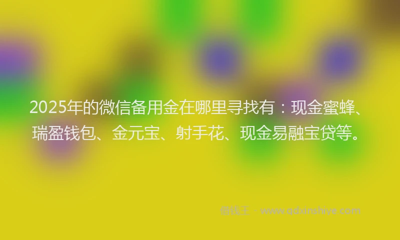 2025年的微信备用金在哪里寻找有：现金蜜蜂、瑞盈钱包、金元宝、射手花、现金易融宝贷等。