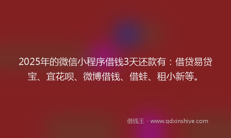 2025年的微信小程序借钱3天还款有：借贷易贷宝、宜花呗、微博借钱、借蛙、租小新等。