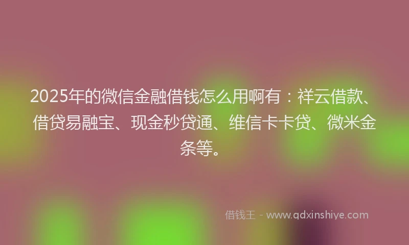 2025年的微信金融借钱怎么用啊有：祥云借款、借贷易融宝、现金秒贷通、维信卡卡贷、微米金条等。